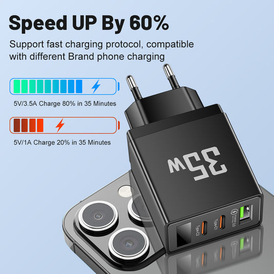 Convertisseur de fréquence avec tête de charge 1USB + 2 Type-C – Chargeur intelligent multi-interface avec affichage numérique pour téléphone mobile