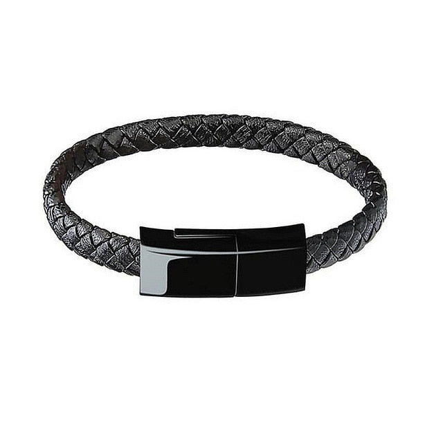 Câble chargeur bracelet en cuir tressé – Compatible iPhone, Android & Type-C (20cm / 22,5cm)