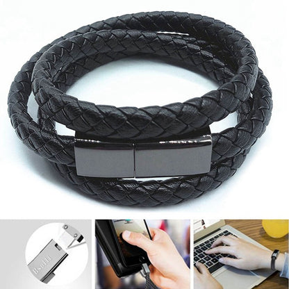 Câble chargeur bracelet en cuir tressé – Compatible iPhone, Android & Type-C (20cm / 22,5cm)