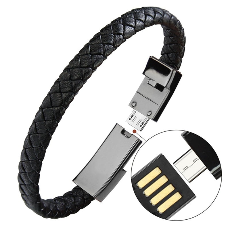 Câble chargeur bracelet en cuir tressé – Compatible iPhone, Android & Type-C (20cm / 22,5cm)
