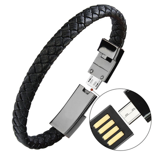 Câble chargeur bracelet en cuir tressé – Compatible iPhone, Android & Type-C (20cm / 22,5cm)
